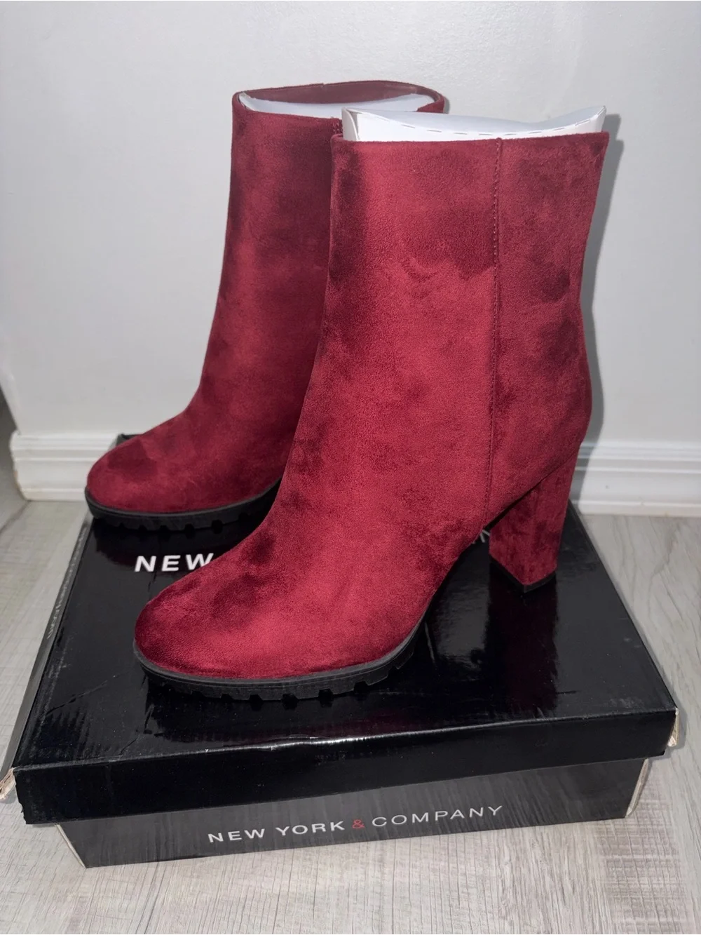 New York & Company Women's Burgundy Suede Block Heel Ankle Booties